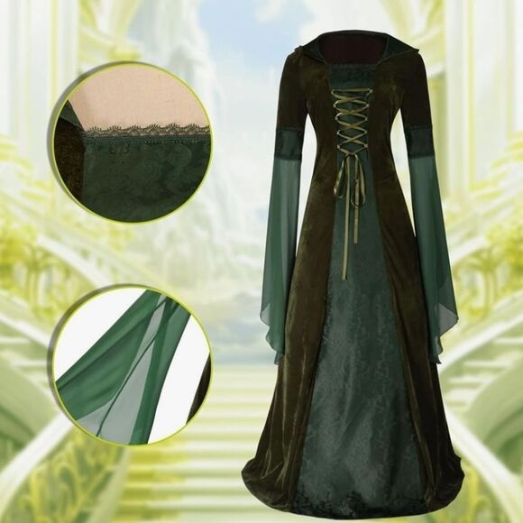 ⏭️NWT Green Medieval Renaissance Hooded Trumpet Sleeve Dress Large - Picture 15 of 15